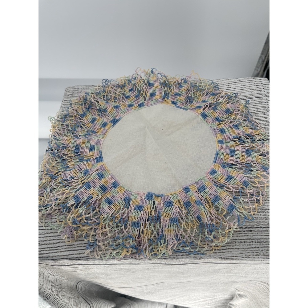 Vintage Lace Crochet Doily Table Topper 11.5 Inch Round Rainbow Set Of 2